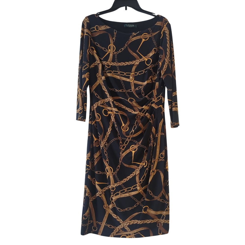 Lauren Ralph Lauren Size 8 Sheath Dress Womens Navy Gold Equestrian Chain Ruched